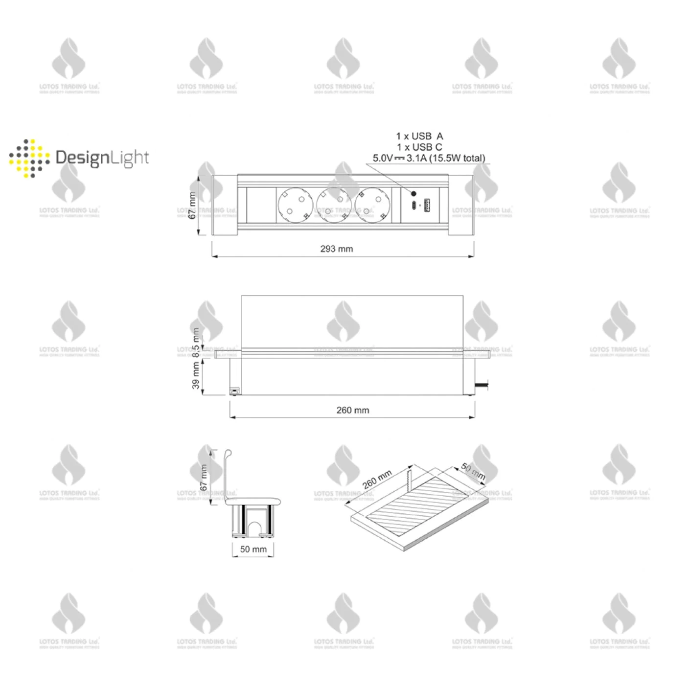 31.029.05 Разклонител за вграждане с 3xSCHUKO и 2хUSB ( A и С -тип), инокс